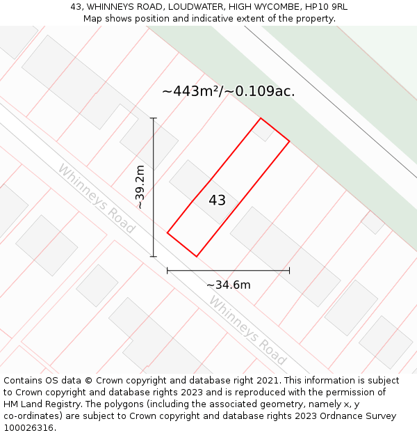 43, WHINNEYS ROAD, LOUDWATER, HIGH WYCOMBE, HP10 9RL: Plot and title map