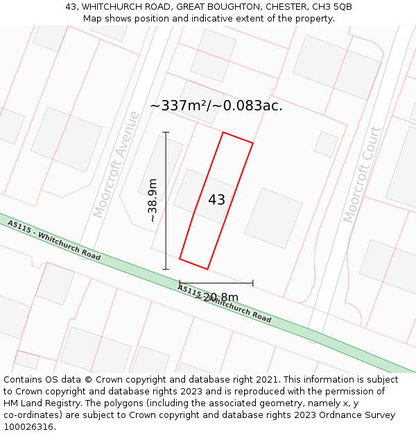 43, WHITCHURCH ROAD, GREAT BOUGHTON, CHESTER, CH3 5QB: Plot and title map