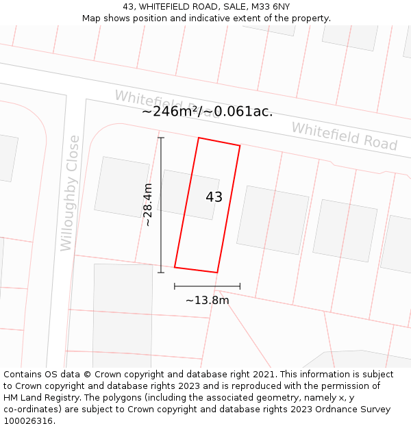 43, WHITEFIELD ROAD, SALE, M33 6NY: Plot and title map
