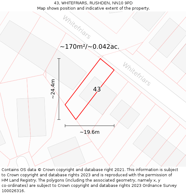 43, WHITEFRIARS, RUSHDEN, NN10 9PD: Plot and title map