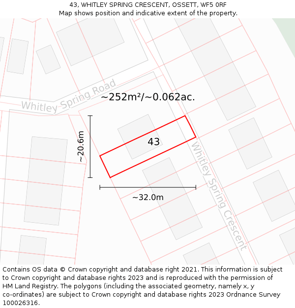43, WHITLEY SPRING CRESCENT, OSSETT, WF5 0RF: Plot and title map