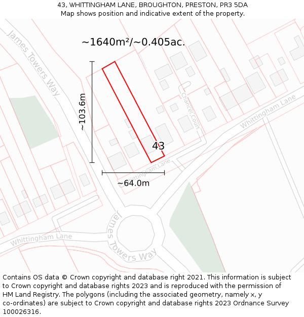 43, WHITTINGHAM LANE, BROUGHTON, PRESTON, PR3 5DA: Plot and title map