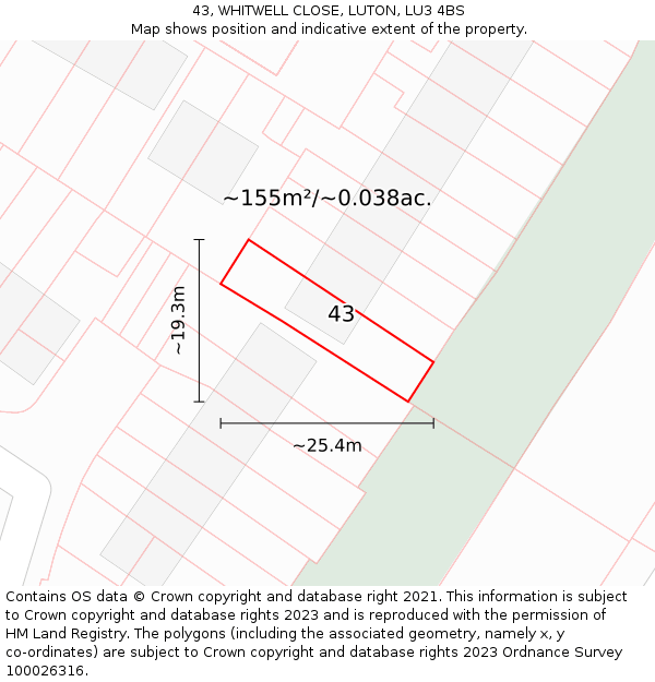 43, WHITWELL CLOSE, LUTON, LU3 4BS: Plot and title map