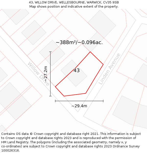 43, WILLOW DRIVE, WELLESBOURNE, WARWICK, CV35 9SB: Plot and title map