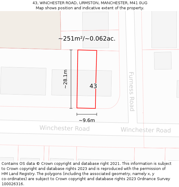 43, WINCHESTER ROAD, URMSTON, MANCHESTER, M41 0UG: Plot and title map