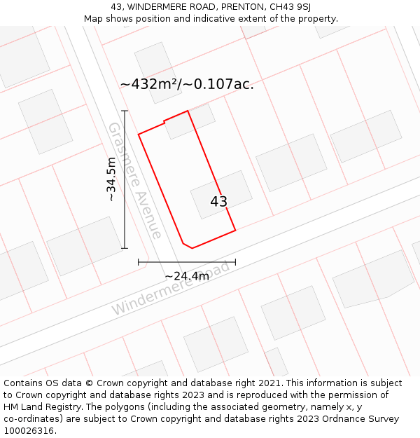 43, WINDERMERE ROAD, PRENTON, CH43 9SJ: Plot and title map