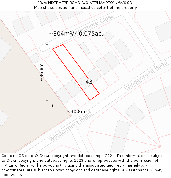 43, WINDERMERE ROAD, WOLVERHAMPTON, WV6 9DL: Plot and title map
