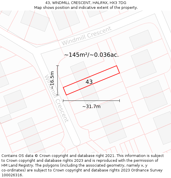 43, WINDMILL CRESCENT, HALIFAX, HX3 7DG: Plot and title map