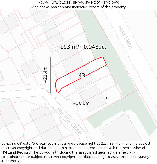 43, WINLAW CLOSE, SHAW, SWINDON, SN5 5WX: Plot and title map