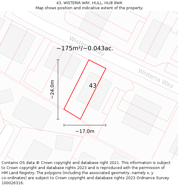 43, WISTERIA WAY, HULL, HU8 9WA: Plot and title map