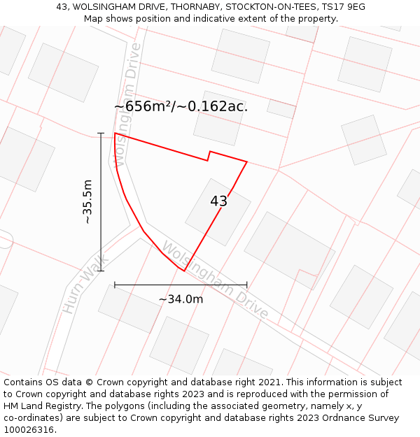 43, WOLSINGHAM DRIVE, THORNABY, STOCKTON-ON-TEES, TS17 9EG: Plot and title map