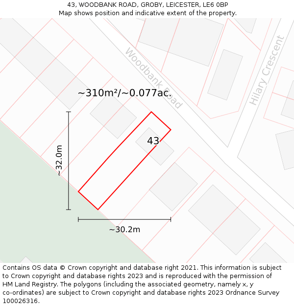 43, WOODBANK ROAD, GROBY, LEICESTER, LE6 0BP: Plot and title map