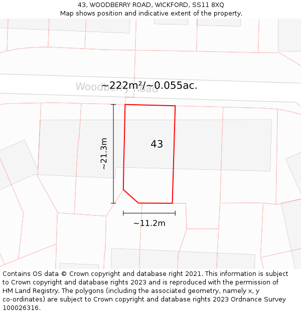 43, WOODBERRY ROAD, WICKFORD, SS11 8XQ: Plot and title map