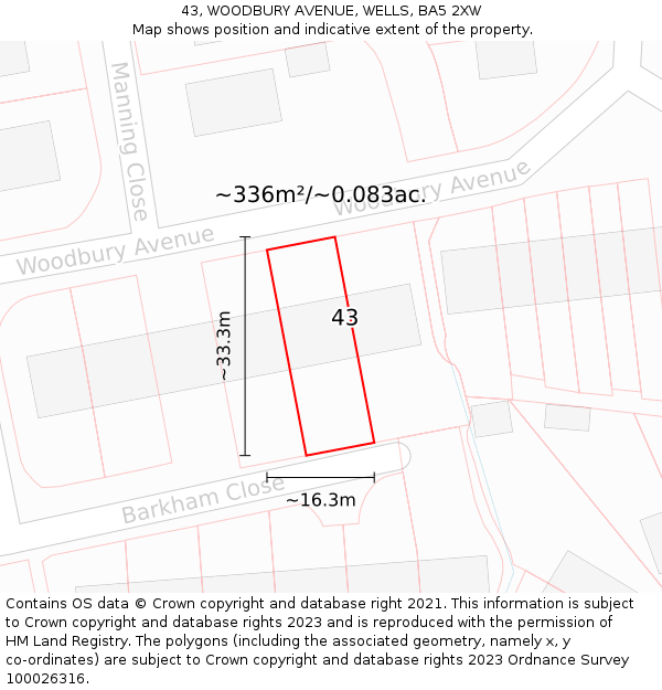43, WOODBURY AVENUE, WELLS, BA5 2XW: Plot and title map