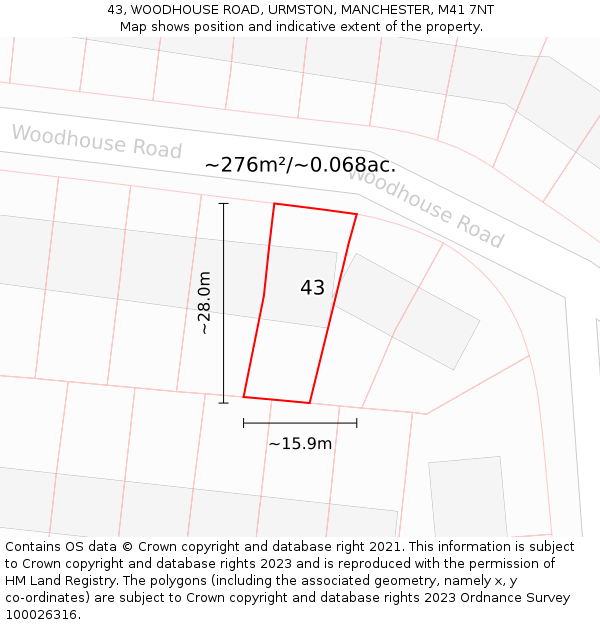 43, WOODHOUSE ROAD, URMSTON, MANCHESTER, M41 7NT: Plot and title map