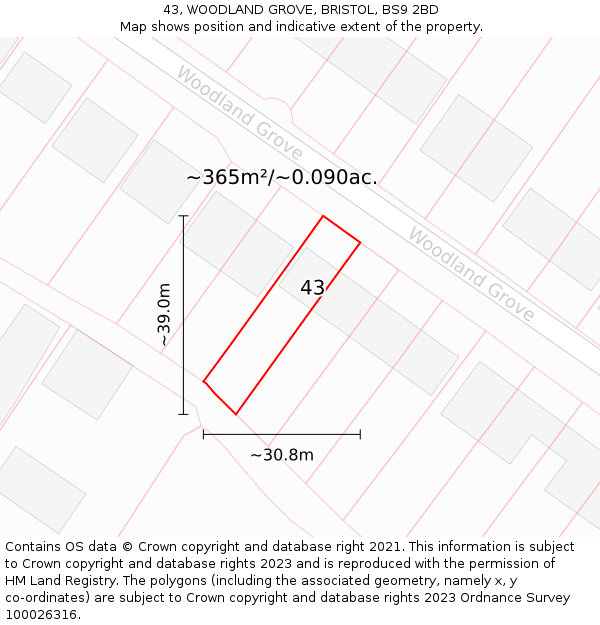 43, WOODLAND GROVE, BRISTOL, BS9 2BD: Plot and title map