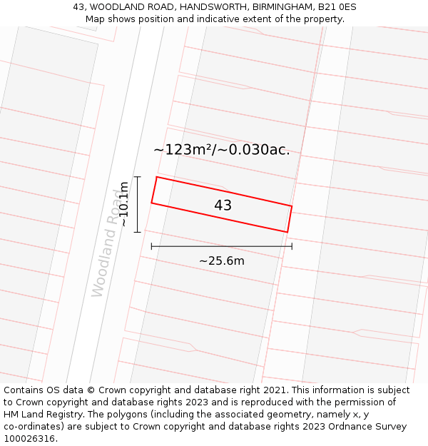 43, WOODLAND ROAD, HANDSWORTH, BIRMINGHAM, B21 0ES: Plot and title map