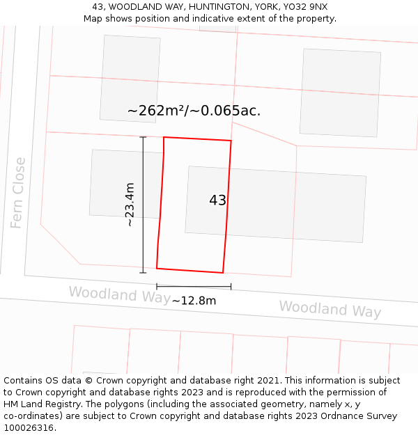 43, WOODLAND WAY, HUNTINGTON, YORK, YO32 9NX: Plot and title map