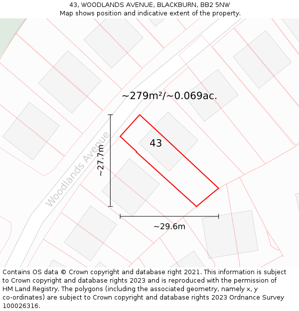 43, WOODLANDS AVENUE, BLACKBURN, BB2 5NW: Plot and title map