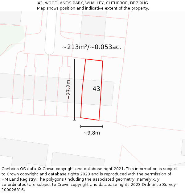43, WOODLANDS PARK, WHALLEY, CLITHEROE, BB7 9UG: Plot and title map