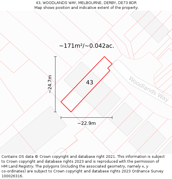 43, WOODLANDS WAY, MELBOURNE, DERBY, DE73 8DR: Plot and title map