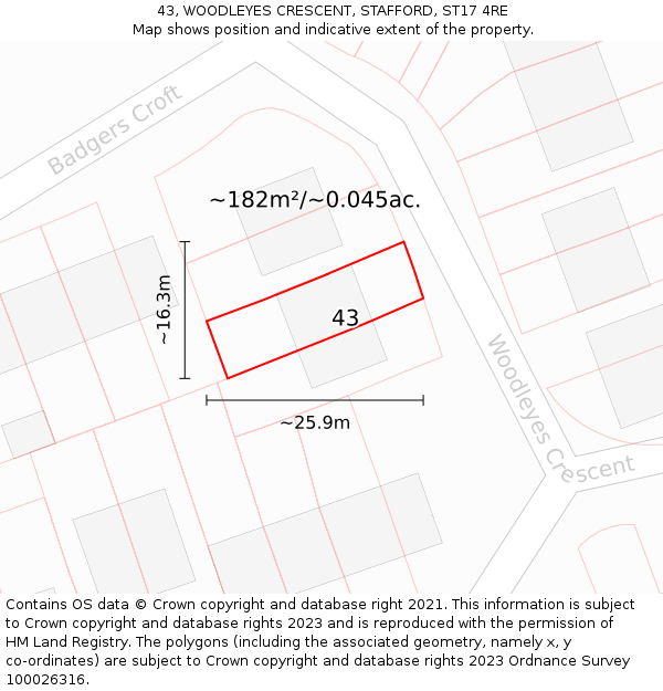 43, WOODLEYES CRESCENT, STAFFORD, ST17 4RE: Plot and title map