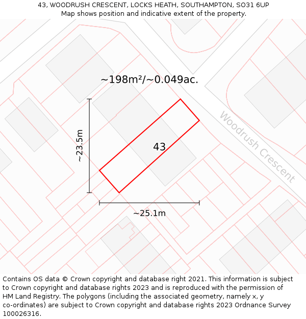 43, WOODRUSH CRESCENT, LOCKS HEATH, SOUTHAMPTON, SO31 6UP: Plot and title map