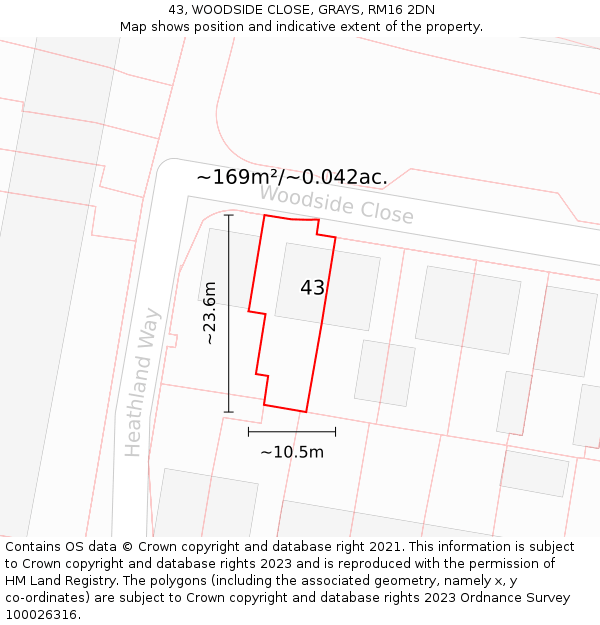 43, WOODSIDE CLOSE, GRAYS, RM16 2DN: Plot and title map