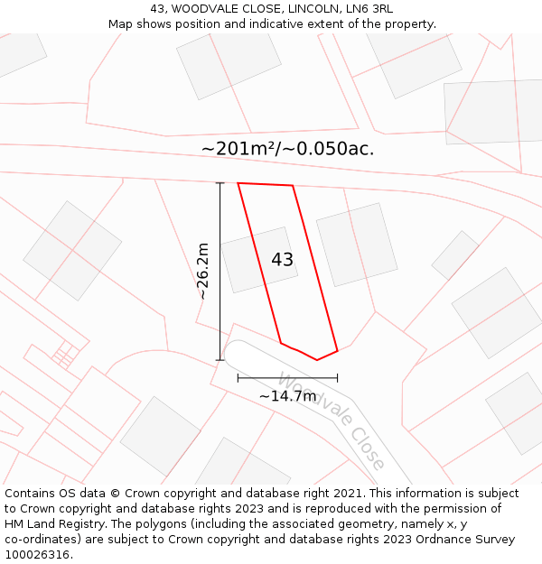 43, WOODVALE CLOSE, LINCOLN, LN6 3RL: Plot and title map