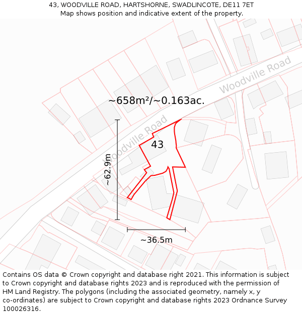 43, WOODVILLE ROAD, HARTSHORNE, SWADLINCOTE, DE11 7ET: Plot and title map