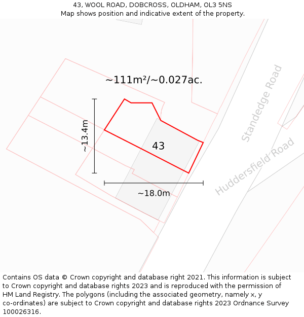 43, WOOL ROAD, DOBCROSS, OLDHAM, OL3 5NS: Plot and title map