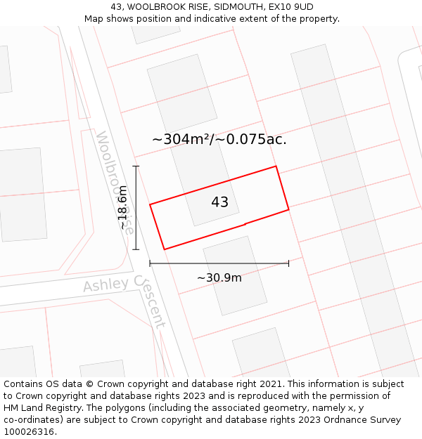 43, WOOLBROOK RISE, SIDMOUTH, EX10 9UD: Plot and title map