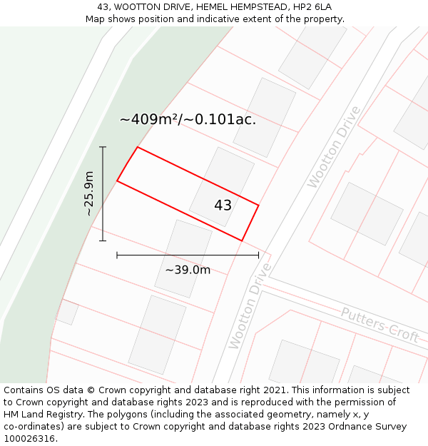 43, WOOTTON DRIVE, HEMEL HEMPSTEAD, HP2 6LA: Plot and title map