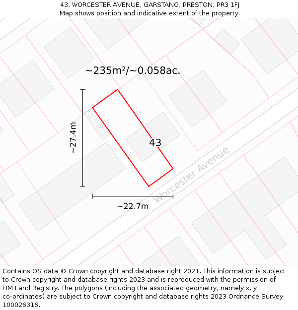 43, WORCESTER AVENUE, GARSTANG, PRESTON, PR3 1FJ: Plot and title map