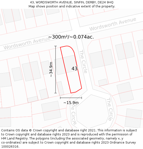 43, WORDSWORTH AVENUE, SINFIN, DERBY, DE24 9HQ: Plot and title map
