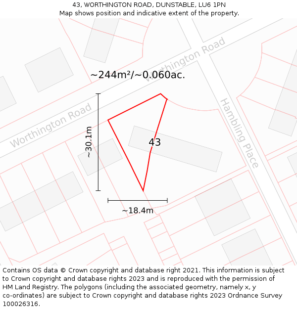 43, WORTHINGTON ROAD, DUNSTABLE, LU6 1PN: Plot and title map
