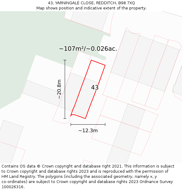 43, YARNINGALE CLOSE, REDDITCH, B98 7XQ: Plot and title map