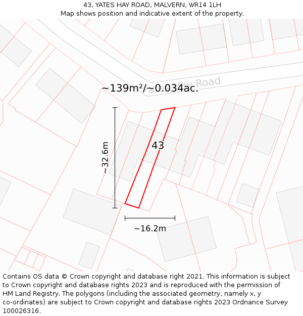 43, YATES HAY ROAD, MALVERN, WR14 1LH: Plot and title map