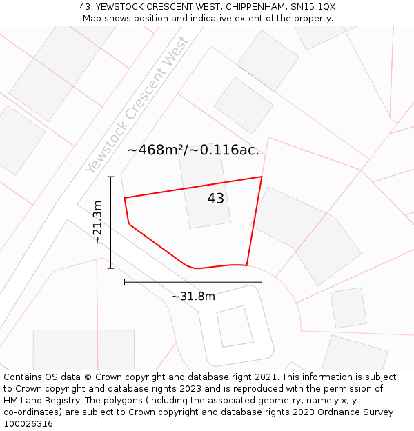 43, YEWSTOCK CRESCENT WEST, CHIPPENHAM, SN15 1QX: Plot and title map