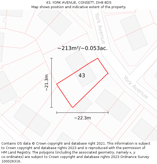 43, YORK AVENUE, CONSETT, DH8 8DS: Plot and title map