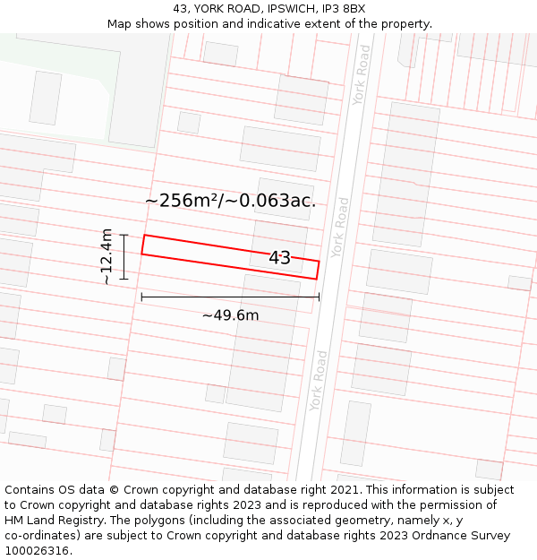 43, YORK ROAD, IPSWICH, IP3 8BX: Plot and title map