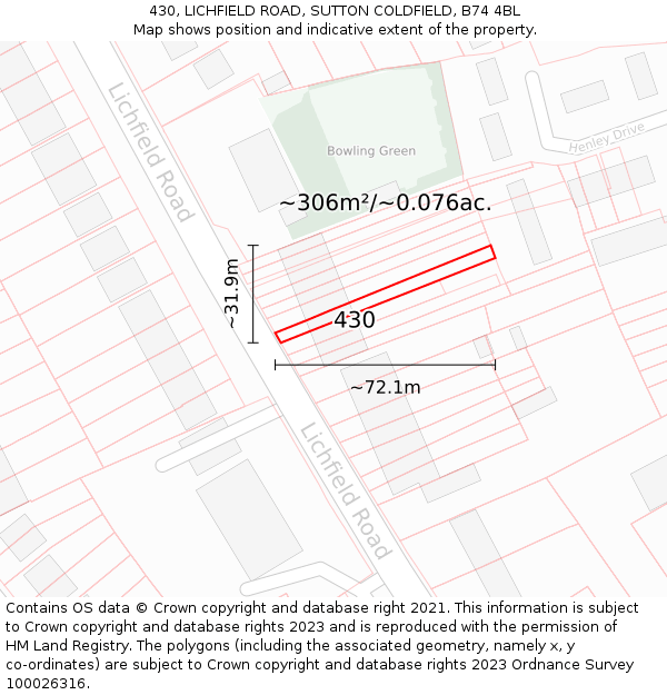 430, LICHFIELD ROAD, SUTTON COLDFIELD, B74 4BL: Plot and title map
