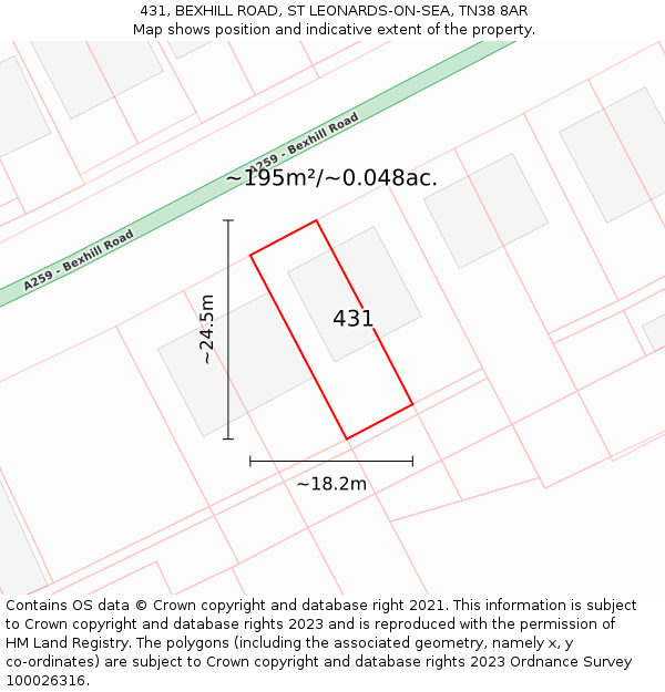 431, BEXHILL ROAD, ST LEONARDS-ON-SEA, TN38 8AR: Plot and title map