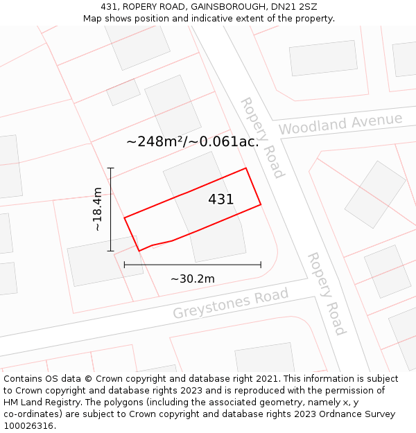 431, ROPERY ROAD, GAINSBOROUGH, DN21 2SZ: Plot and title map
