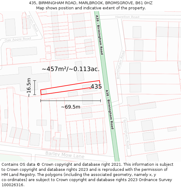 435, BIRMINGHAM ROAD, MARLBROOK, BROMSGROVE, B61 0HZ: Plot and title map
