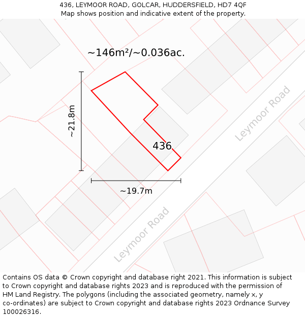 436, LEYMOOR ROAD, GOLCAR, HUDDERSFIELD, HD7 4QF: Plot and title map
