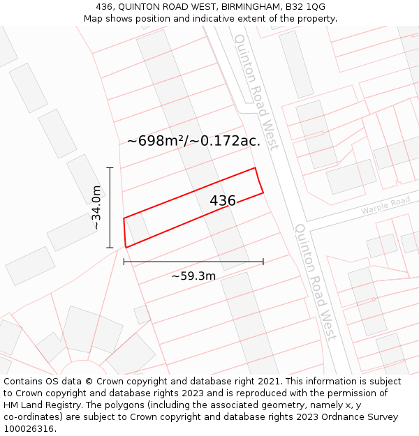 436, QUINTON ROAD WEST, BIRMINGHAM, B32 1QG: Plot and title map