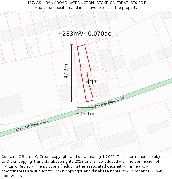 437, ASH BANK ROAD, WERRINGTON, STOKE-ON-TRENT, ST9 0DT: Plot and title map