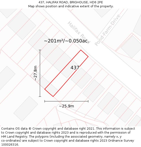 437, HALIFAX ROAD, BRIGHOUSE, HD6 2PE: Plot and title map
