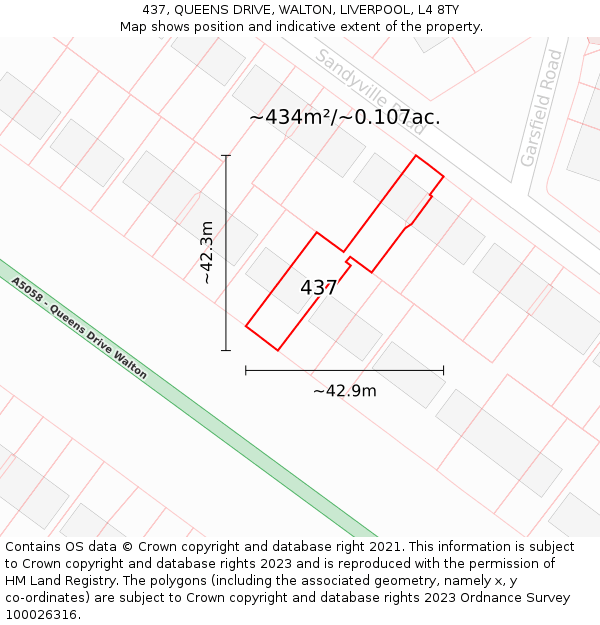 437, QUEENS DRIVE, WALTON, LIVERPOOL, L4 8TY: Plot and title map